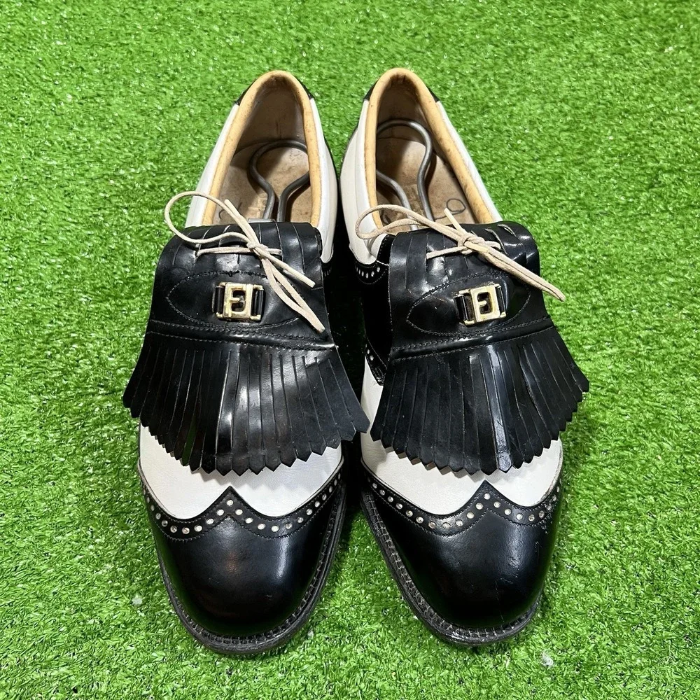 Vtg FootJoy Classics Patent Brogue Wingtip Kiltie‎ Golf Shoes Men 8 White Saddle